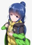  1girl absurdres backpack bag blue_hair chopsticks closed_mouth cup_ramen eyebrows_visible_through_hair hair_bun highres holding holding_chopsticks jacket looking_at_viewer purple_eyes shima_rin short_hair sidelocks simple_background smile solo upper_body white_background winter_clothes younger ysys yurucamp 