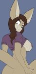  bottomless breasts brown_hair clothed clothing female hair hi_res humanoid kangaroo macropod mammal marsupial smile smirk solo unknown_artist 