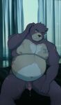  2021 absurd_res anthro balls belly bodily_fluids flaccid genital_fluids genitals hi_res inside kemo_coliseum kemono kuroikiri male mammal moobs nipples overweight overweight_anthro overweight_male penis precum scar sitting solo tharsix ursid 