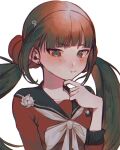  1girl bangs bbjj_927 black_sailor_collar blunt_bangs blush brown_hair closed_mouth commentary_request danganronpa_(series) danganronpa_v3:_killing_harmony earrings eyebrows_visible_through_hair finger_to_own_chin hair_ornament hair_scrunchie hairclip hand_up harukawa_maki highres jewelry long_hair long_sleeves looking_at_viewer mole mole_under_eye neckerchief pout red_eyes red_scrunchie sailor_collar school_uniform scrunchie serafuku shirt simple_background solo twintails upper_body white_background 