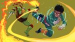  absurdres action angry cirenk clash fighting fire headband highres jumpsuit knee_pads naruto_(series) raphael rock_lee sandals teenage_mutant_ninja_turtles turtle turtle_shell weapon 