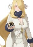  1girl bangs blonde_hair blush breasts cleavage coat cynthia_(pokemon) fur_collar grey_eyes hair_ornament hair_over_one_eye holding holding_poke_ball ikuchan_kaoru large_breasts long_hair long_sleeves looking_at_viewer poke_ball pokemon pokemon_(game) simple_background smile ultra_ball white_coat 