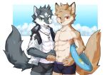  abs anthro bulge canid canine clothed clothing duo hi_res jewelry joeyzliaotang male mammal muscular muscular_male necklace open_clothing open_shirt open_topwear pecs shirt teenager topless topwear young 
