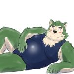  2021 anthro blush canid canine canis clothed clothing domestic_dog fur green_body green_fur hi_res humanoid_hands kemono live-a-hero male mammal mokdai overweight overweight_anthro overweight_male simple_background solo video_games white_background yaki_atsuage 
