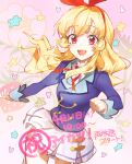  1girl :d aikatsu! aikatsu!_(series) bangs blonde_hair blue_shirt bow_hairband eyebrows_visible_through_hair food fruit hairband highres hoshimiya_ichigo long_hair long_sleeves neck_ribbon open_mouth pleated_skirt red_eyes red_ribbon ribbon shirt skirt smile solo star_(symbol) strawberry very_long_hair wattaro white_shirt white_skirt 