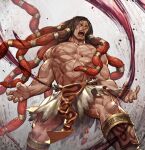  1boy abs biceps brown_hair bulge claw_pose commentary cross_scar feet_out_of_frame fighting_stance floating_hair gradient_hair large_pectorals long_hair male_focus mature_male multicolored_hair muscular muscular_male navel necalli nipples red_hair roaring scar scar_on_chest shirtless solo stomach street_fighter street_fighter_v thighs torn_clothes zoo_(oukakumaku) 