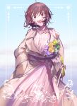  1girl :d april bangs bouquet brown_coat brown_hair coat dress eyebrows_visible_through_hair flower flower_necklace framed highres holding holding_bouquet jewelry long_dress necklace open_mouth original pink_dress red_eyes short_hair smile wattaro 