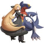  1girl blonde_hair blue_eyes breasts cleavage cynthia_(pokemon) fur_trim garchomp gen_4_pokemon gonzarez hair_ornament hair_over_one_eye hat highres long_hair looking_at_viewer pokemon pokemon_(creature) pokemon_(game) pokemon_dppt simple_background smile very_long_hair 