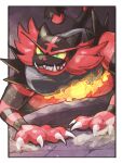  all_fours artist_name border claws colored_sclera commentary_request fire gen_7_pokemon green_eyes incineroar odo_7ta outside_border parted_lips pokemon sharp_teeth smile teeth white_border yellow_sclera 