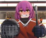 1girl 3others airisubaka alternate_costume alternate_hairstyle artist_name bandaid bandaid_on_cheek bangs blurry blurry_background blush brown_eyes commentary eyebrows_visible_through_hair hand_up helmet hockey_stick hockey_sweater holding ice_hockey leah_(airisubaka) long_hair looking_at_viewer missing_tooth multiple_others original people purple_hair red_shirt shirt smile solo 