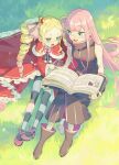  2girls bangs beatrice_(re:zero) blonde_hair blue_eyes book boots brown_footwear capelet commentary_request day eyebrows_visible_through_hair eyelashes fur-trimmed_capelet fur_trim grass highres holding holding_book lewes_meyer long_hair multiple_girls open_mouth outdoors pantyhose parupin pink_hair pointing pointy_ears re:zero_kara_hajimeru_isekai_seikatsu reading red_capelet shoes sitting sleeveless smile striped striped_legwear symbol-shaped_pupils tongue 