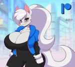  absurd_res anthro arctic_fox big_breasts big_hair blue_eyes blush breasts canid canine city cleavage clothed clothing female fox gloves hair handwear hi_res huge_breasts jacket mammal mastergodai smile solo topwear 