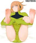  1girl ass bangs barefoot blue_eyes blush bob_cut brown_hair cameltoe closed_mouth covered_navel eyebrows_visible_through_hair feet highres konami_kirie laserflip legs_up looking_at_viewer lying on_back short_hair soles solo thighs toes white_background world_trigger 