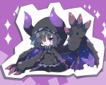  1girl black_cape black_dress black_legwear cape character_request chibi commentary_request curled_horns dragon_girl dragon_horns dragon_tail dragon_wings dress full_body hood hood_up hooded_cape horns horns_through_headwear juliet_sleeves long_sleeves milkpanda monster_hunter no_shoes pantyhose personification puffy_sleeves purple_background purple_wings sleeves_past_wrists solo sparkle standing tail wide_sleeves wings 
