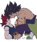  2boys animal_costume bare_arms bare_shoulders black_eyes black_hair broly_(dragon_ball_super) cherry_(cherrymoon26) couple cow_costume dragon_ball dragon_ball_super eye_contact forehead-to-forehead fur_(clothing) holding_hands interlocked_fingers interracial looking_at_another male_cleavage male_focus mature_male multiple_boys muscular muscular_male pectorals red_hair scar_on_arm shirt shirtless short_hair sleeveless son_goku spiked_hair squatting super_saiyan super_saiyan_god torn_clothes torn_shirt yellow_eyes 