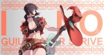 1girl absurdres belt black_hair blue_eyes breasts choker cleavage english_text fingerless_gloves gloves guilty_gear guilty_gear_strive guitar hat highres i-no instrument jacket looking_to_the_side nakwang red_jacket red_lips short_hair shorts venus_symbol witch_hat 