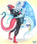  anthro big_breasts blue_body blue_eyes blue_scales breasts claws clothed clothing digital_media_(artwork) dragon duo face_to_face female green_eyes hair hi_res holding_(disambiguation) horn leonifa membrane_(anatomy) red_body red_scales reptile scales scalie simple_background smile wings 