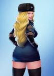  absurdres blonde_hair blue_eyes cirenk from_behind hand_on_hip highres kolin long_hair looking_at_viewer russian_clothes smile street_fighter street_fighter_v thighhighs 