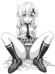  1girl akatsuki_kirika blush breasts cameltoe eyebrows_visible_through_hair full_body greyscale hair_ornament hairclip highres inai_uchi looking_at_viewer medium_breasts monochrome necktie open_mouth panties senki_zesshou_symphogear short_hair short_sleeves simple_background skirt skirt_lift socks solo spread_legs striped striped_panties underwear x_hair_ornament 