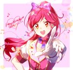  1girl :d aikatsu! aikatsu!_(series) bangs blush bow collared_shirt eyebrows_visible_through_hair gloves hair_bow happy_birthday highres long_hair looking_at_viewer open_mouth orange_eyes otoshiro_seira pink_shirt pointing pointing_at_viewer ponytail purple_bow red_hair shirt short_sleeves smile solo upper_body wattaro white_gloves 