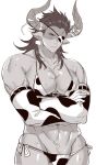  1boy abs absurdres alternate_costume animal_ears animal_print bara black_panties bra bulge chiharudaaaaaaa chinese_zodiac cow_boy cow_ears cow_horns cow_print cowboy_shot crossdressing crossed_arms draph elbow_gloves eyepatch gloves granblue_fantasy groin highres horns large_pectorals long_hair male_cleavage male_focus mature_male multicolored multicolored_clothes multicolored_panties muscular muscular_male navel panties pointy_ears print_bra print_panties reinhardtzar sideburns sidepec solo stomach thighs underwear white_panties year_of_the_ox 