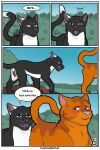  animal_genitalia balls bodily_fluids colored comic domestic_cat duo english_text felid feline felis feral genitals hi_res jake_(warriors) male male/male mammal outside penile_spines penis saliva shaded sheath talltail_(warriors_cats) text thathornycat tongue warriors_(cats) 