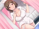  1girl :q bangs bed_sheet blush breasts brown_eyes brown_hair cleavage collarbone curtains deyuyama dutch_angle fishnet_legwear fishnets hat highres indoors infirmary large_breasts legs_folded looking_at_viewer nurse nurse_cap original short_hair smile solo syringe thighhighs tongue tongue_out 