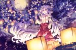  1girl absurdres baggy_pants bangs bow buttons cloud cloudy_sky collared_shirt fujiwara_no_mokou hair_bow highres kemo_chiharu lantern lantern_festival lantern_on_liquid long_hair long_sleeves looking_at_viewer moon night ofuda outdoors pants paper_lantern parted_lips red_eyes red_pants ribbon shirt sidelocks signature sky sky_lantern solo standing suspenders touhou very_long_hair white_hair white_shirt 