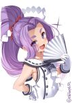  1girl :d blush commentary_request covered_navel ebifurya eyes_visible_through_hair fan gloves hair_ribbon hand_on_hip hatsuharu_(kancolle) highres holding holding_fan kantai_collection long_hair looking_at_viewer open_mouth purple_eyes purple_hair red_ribbon ribbon simple_background smile solo thick_eyebrows twitter_username white_background white_gloves 