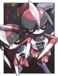  bisharp black_sclera blade border colored_sclera commentary_request gen_5_pokemon no_humans odo_7ta outside_border outstretched_arm pawniard pokemon pokemon_(creature) steel white_border yellow_eyes 