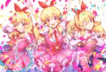  3girls :d ;) absurdres aikatsu! aikatsu!_(series) arms_up bangs blonde_hair bow_hairband confetti dress eyebrows_visible_through_hair frilled_dress frills gloves hairband happy_birthday heart heart_hands highres hoshimiya_ichigo huge_filesize long_hair multiple_girls necktie one_eye_closed open_mouth pink_dress plaid plaid_skirt pleated_dress puffy_sleeves red_eyes red_neckwear skirt smile wattaro white_gloves 