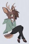  ambiguous_gender anthro antlers aseethe brown_body brown_fur cervid fingers fur green_eyes hi_res hooves horn mammal simple_background smile solo white_background 
