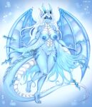  anthro big_breasts blue_body blue_eyes blue_scales breasts claws clothed clothing digital_media_(artwork) dragon female genitals hair hi_res horn leonifa looking_at_viewer membrane_(anatomy) nipples non-mammal_breasts nude pussy reptile scales scalie simple_background smile solo wings 