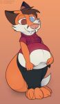  ambiguous_gender anthro belly big_belly canid canine fox foxball hair happy hi_res lying mammal nude obese on_front overweight short_hair smile solo standing 