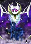  2016 blue_hair collar cosmic_background crossover crown duo equid equine female feral fog friendship_is_magic hair hasbro hi_res horn legendary_pok&eacute;mon lidded_eyes looking_at_viewer lunala mammal my_little_pony nintendo pok&eacute;ball pok&eacute;mon pok&eacute;mon_(species) princess_luna_(mlp) purple_body purple_wings raven_allocen smile smirk star starry_background video_games winged_unicorn wings 