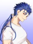  1boy absurdres blue_background blue_hair cu_chulainn_(fate)_(all) earrings fate/stay_night fate_(series) gradient gradient_background grin hair_strand highres jewelry lancer long_hair looking_at_viewer male_focus marimo_(nogdujeon) messy_hair ponytail red_eyes shirt simple_background smile solo upper_body white_shirt 