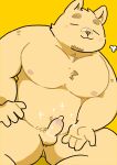  2021 anthro balls belly blush canid canine canis condom domestic_dog erection eyes_closed genitals hi_res humanoid_genitalia humanoid_hands humanoid_penis kemono male mammal moobs navel nipples och5 overweight overweight_anthro overweight_male penis sexual_barrier_device simple_background solo wearing_condom yellow_background 