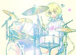  :d ?? absurdres aikatsu! aikatsu!_(series) bangs blonde_hair blush confused drum drum_set drumsticks eyebrows_visible_through_hair flower futaba_aria hair_flower hair_ornament highres holding holding_drumsticks hood hood_down hoodie instrument open_mouth pink_eyes pink_flower short_hair sitting smile wattaro white_hoodie 