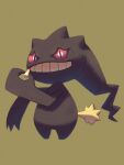  banette commentary_request full_body gen_3_pokemon highres holding looking_at_viewer no_humans pokemon pokemon_(creature) rend simple_background solo teeth zipper_pull_tab 