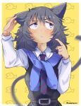  1girl andou_(girls_und_panzer) animal_ears animal_print bangs bc_freedom_school_uniform black_dress black_hair blue_neckwear blue_sweater blush border brown_eyes cat_ears cat_tail closed_mouth commentary dark_skin diagonal-striped_neckwear diagonal_stripes dress dress_shirt eyebrows_visible_through_hair fang finger_to_face fish_print frown girls_und_panzer hand_on_ear highres kemonomimi_mode long_sleeves looking_away medium_hair messy_hair namatyoco necktie pinafore_dress school_uniform shirt solo standing striped striped_neckwear sweater sweater_around_neck tail twitter_username white_border white_shirt wing_collar yellow_background 