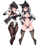  2girls animal_ears atago_(azur_lane) atago_(stunning_speedster)_(azur_lane) azur_lane bad_anatomy bad_proportions bare_shoulders bikini black_hair black_legwear bodystocking bow breasts brown_eyes cleavage_cutout clothing_cutout commentary_request dog_ears elbow_gloves english_commentary engrish_commentary extra_ears feet_out_of_frame gloves hair_flaps highleg highleg_bikini highleg_leotard highleg_swimsuit highres iruril korean_commentary large_breasts leotard logo long_hair looking_at_viewer mixed-language_commentary mole mole_under_eye multicolored_leotard multiple_girls navel official_alternate_costume pantyhose partially_visible_vulva ponytail race_queen shrug_(clothing) simple_background swimsuit takao_(azur_lane) takao_(full_throttle_charmer)_(azur_lane) thighhighs two-tone_bikini two-tone_leotard white_background white_bow wrist_cuffs 