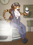  alex_marx breasts car clothing felid female hair hi_res mammal pantherine reaper3d smile solo striped_body stripes tiger vehicle 