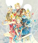  3girls armor blonde_hair blue_eyes blue_hair ceodore_harvey china_dress chinese_clothes dress final_fantasy final_fantasy_iv final_fantasy_iv_the_after flower frown gilbart_chris_von_muir glasses hair_flower hair_ornament hal_(ff4) hat leonora long_hair multiple_boys multiple_girls palom satoo scarf short_hair sword ursula_leiden weapon yellow_eyes 