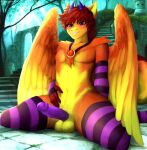  absurd_res anthro arm_warmers armwear avian balls breasts clothing detailed_background dragon european_mythology genitals girly greek_mythology hi_res hybrid kneeling legwear male mythological_avian mythological_firebird mythology non-mammal_breasts penis phoenix redfiery solo stockings tr.anonymous.h wings 