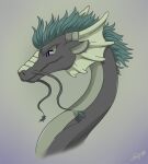  ambiguous_gender asian_mythology dragon east_asian_mythology eastern_dragon emilythepenguin feral gradient_hair green_hair grey_background grey_body grey_horn grey_scales hair horn mythology portrait purple_eyes scales scalie signature simple_background solo 