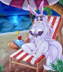  alcohol anthro beach beach_chair beach_umbrella beverage big_breasts bikini black_sclera breasts carrot_(one_piece) clothing cocktail eyewear eyewear_on_head female fur hair hi_res klopsiak night one_piece palm_tree plant red_eyes seaside solo sulong_carrot sunglasses sunglasses_on_head swimwear tree white_body white_fur white_hair 