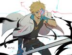  1boy asaya_minoru bangs black_pants black_shirt blonde_hair blue_eyes blue_gloves cape collarbone covering_one_eye eyebrows_visible_through_hair gloves glowing glowing_eye guilty_gear guilty_gear_strive hair_between_eyes holding holding_sword holding_weapon ky_kiske looking_at_viewer male_focus open_mouth pants partially_fingerless_gloves shirt simple_background solo sword twitter_username upper_teeth weapon white_background white_cape 