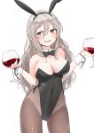  1girl absurdres animal_ears black_leotard black_neckwear bow bowtie breasts brown_eyes brown_legwear bunny_ears bunny_tail cleavage contrapposto cup detached_collar drinking_glass fake_animal_ears grey_hair hair_between_eyes highleg highleg_leotard highres kantai_collection large_breasts leotard long_hair pantyhose playboy_bunny pola_(kancolle) simple_background smile solo strapless strapless_leotard tail wavy_hair white_background wine_glass xobox 
