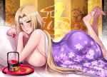  1girl alcohol animal_print barefoot bikini blonde_hair blush breasts brown_eyes chinese_zodiac choko_(cup) cow_horns cup facial_mark floral_print forehead_mark full_body haikawa_hemlen horns huge_breasts long_hair lying naruto naruto_(series) nipples on_stomach sake smile solo swimsuit tsunade untied untied_bikini 