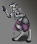  2020 absurd_res anthro beverage bottomwear breasts canid clenched_teeth clothing digitigrade female fur grey_background grey_body grey_fur hand_on_breast hi_res holding_beverage holding_can holding_object mammal nipples shirt shorts simple_background solo standing sunderlovely surprise tank_top teeth topwear transformation 